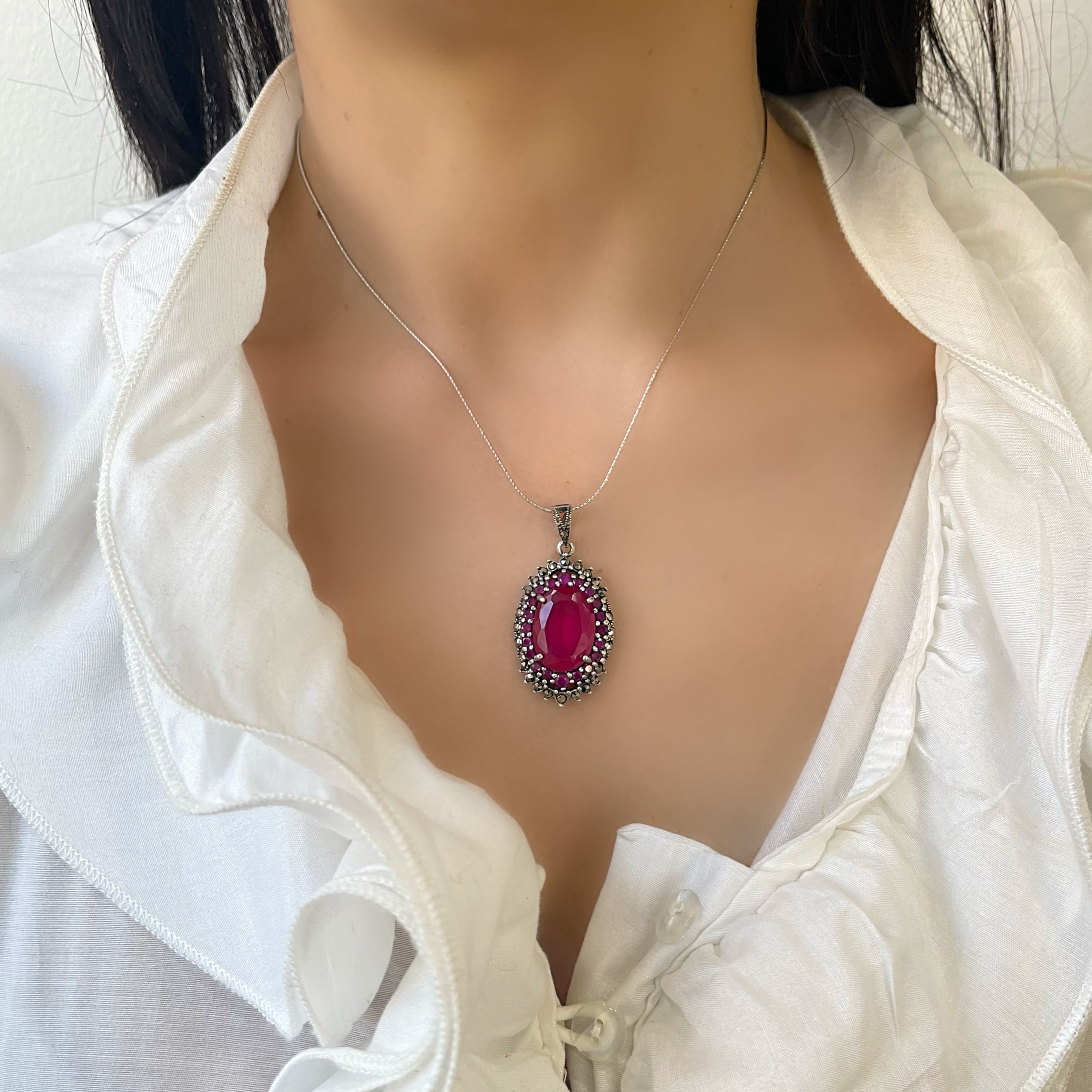Genuine Large Ruby Art Deco Pendant Silver Necklace - Etsy Genuine Large Ruby Art Deco Pendant Silver Necklace - Etsy