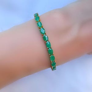 Natural Emerald 6x4 mm Oval Tennis Gold Vermeil on Silver Bracelet