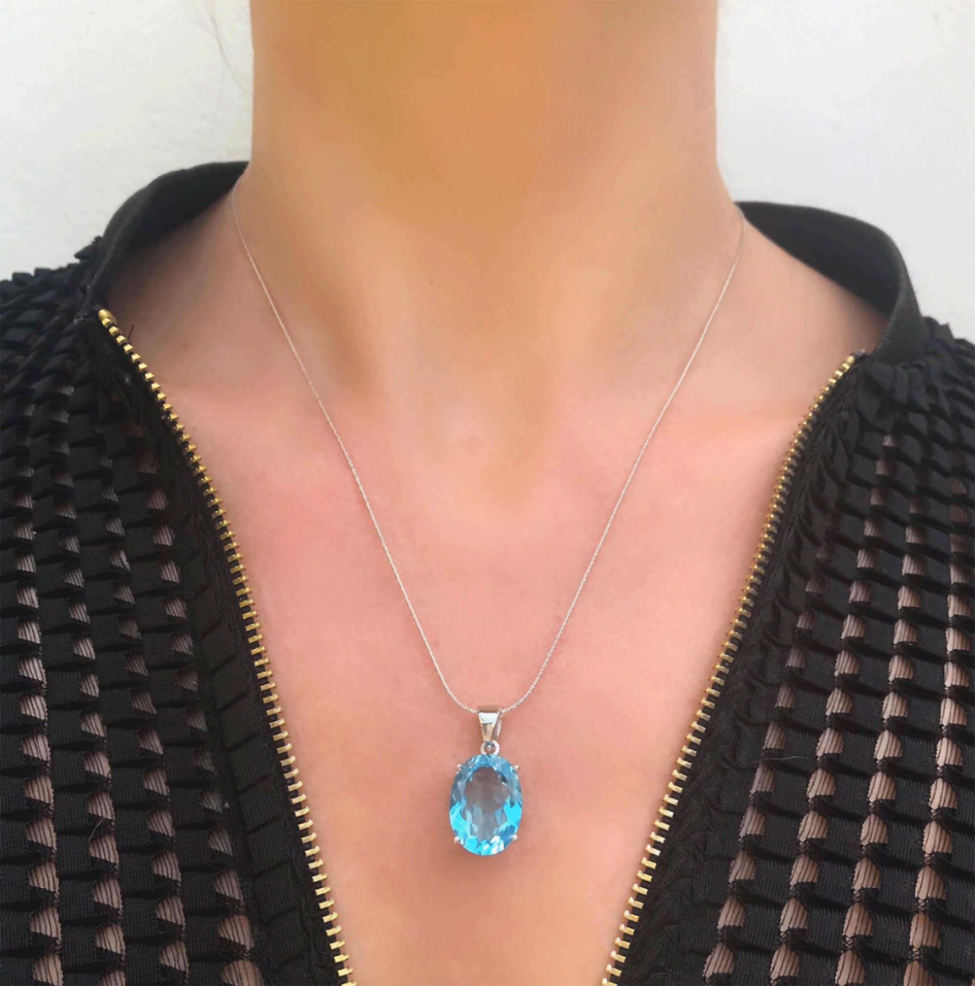 Genuine Natural Blue Topaz Large Oval Pendant Necklace Etsy