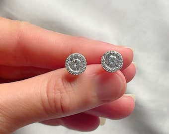 Genuine White Topaz 10 mm Round 3D Silver Stud Earrings