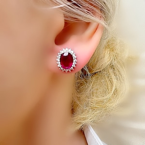 Genuine Natural Ruby Halo Oval Stud Silver Earrings