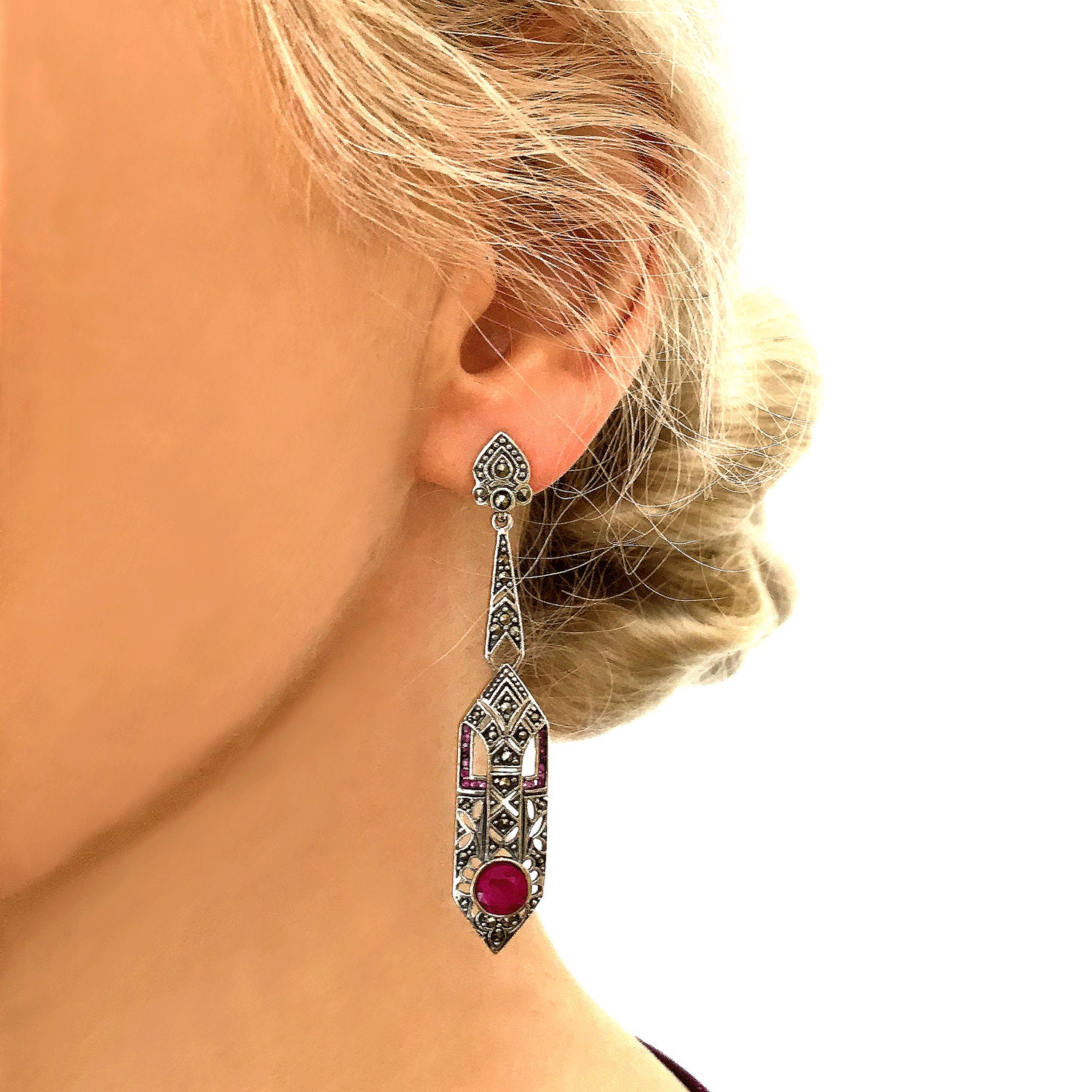 Genuine Ruby & Silver Art Deco Drop Earrings | Etsy UK