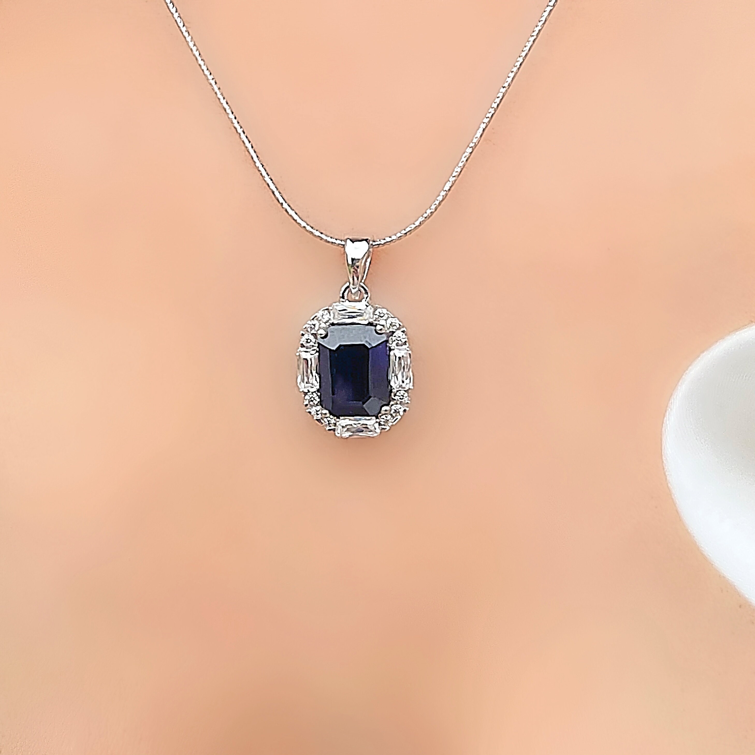 Genuine Sapphire Square Cut Octagon Silver Pendant Necklace