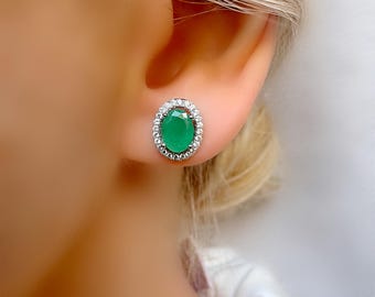 Genuine Natural Emerald Halo Oval Silver Stud Earrings