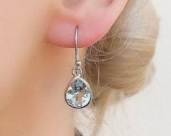 Genuine Natural Sky Blue Topaz Pear Drop Silver Dangler Drop Earrings