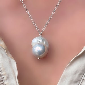 Large Baroque Pearl Pendant Silver Necklace