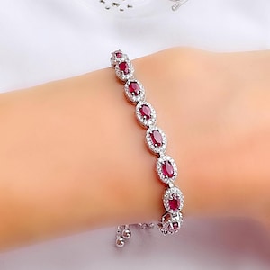 Genuine Ruby & White Topaz Halo Adjustable Silver Box Slider Bracelet, July Birthstone