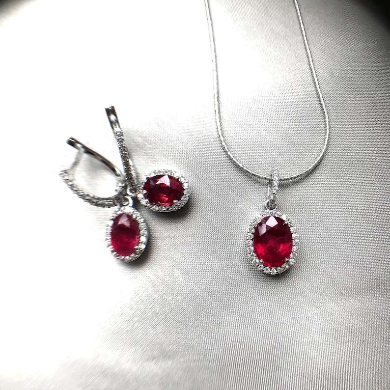 Genuine Natural Ruby Silver Set Pendant and Drop Earrings 