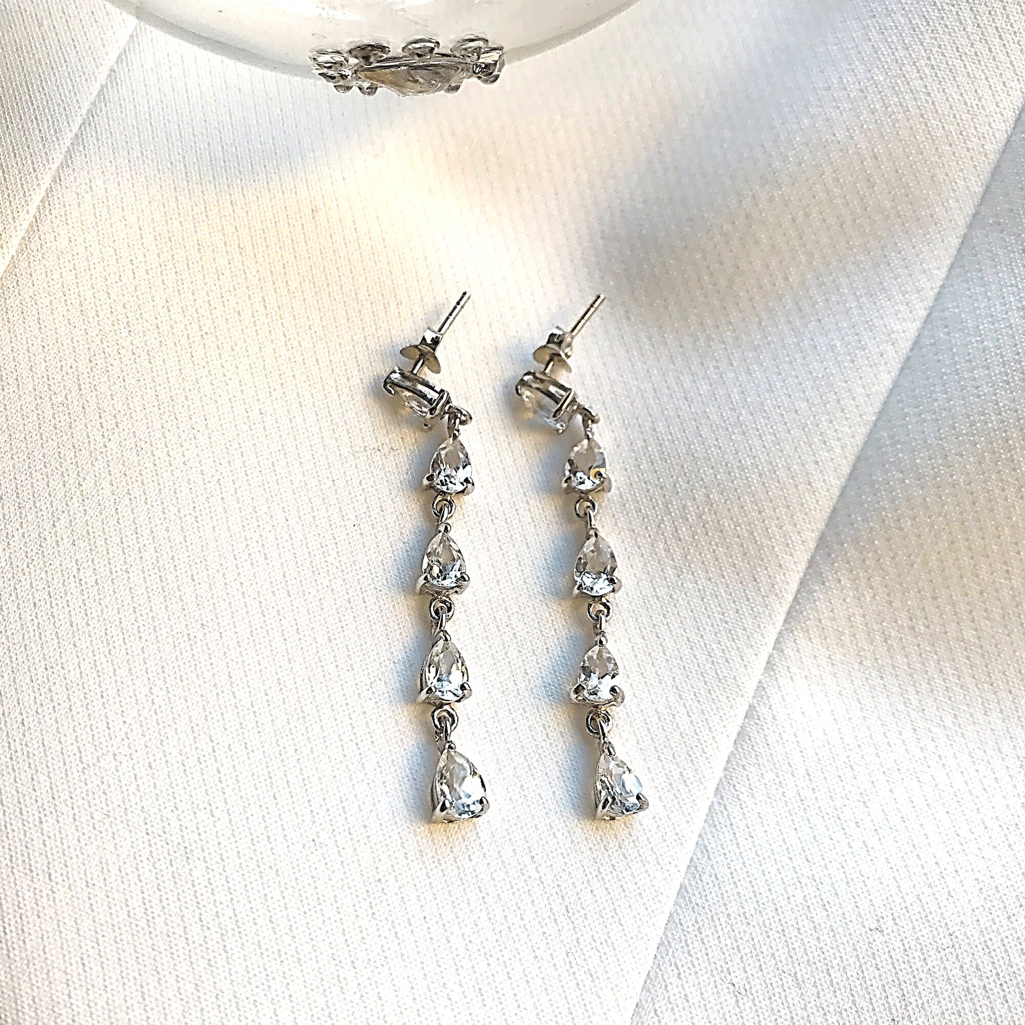 Genuine White Topaz 5 Teardrop Dangle Drop Silver Earrings