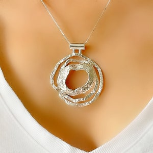 Handcrafted Sterling Silver 925 Statement Spiral Circular Larger Pendant Necklace