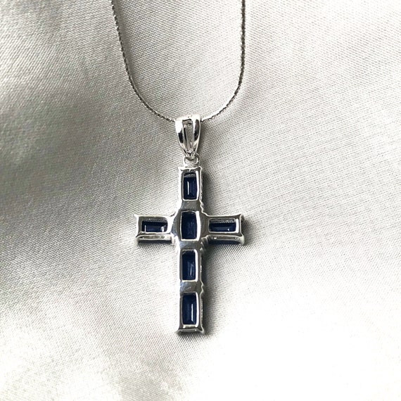 Genuine Blue Sapphire Gemstone Silver Cross Pendant Necklace Etsy UK