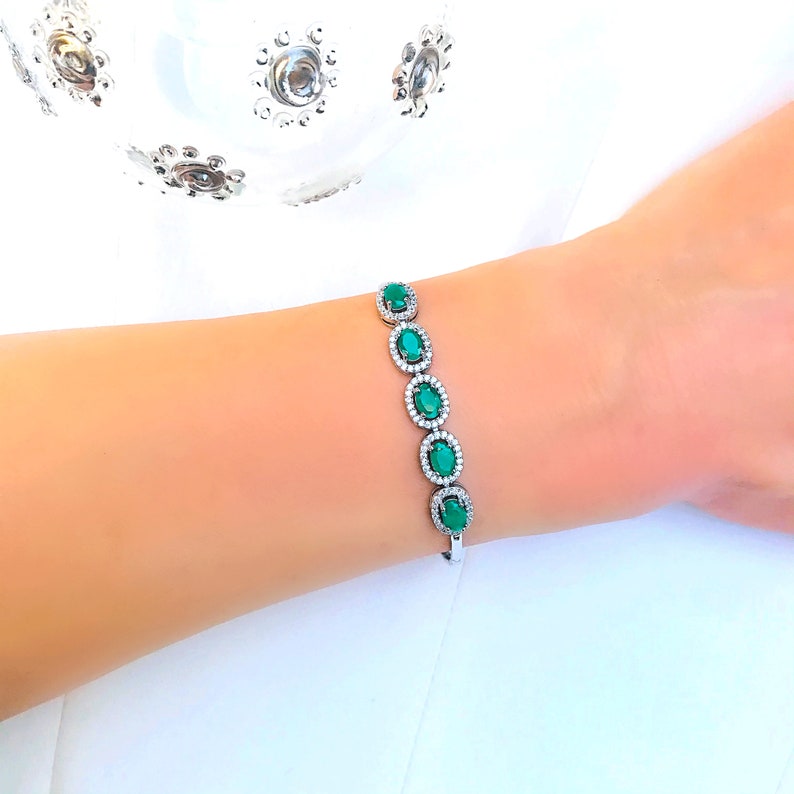 Genuine Emerald 5 Stone Oval Halo Silver Bracelet
