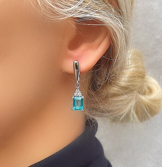 Buy Genuine Paraiba Blue Topaz Emerald Cut Dangle Drop Silver