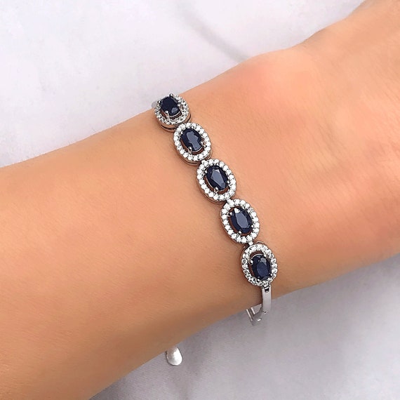 Round Blue Sapphire Bracelet with Flower Sterling Silver Capping - Rudra  Centre