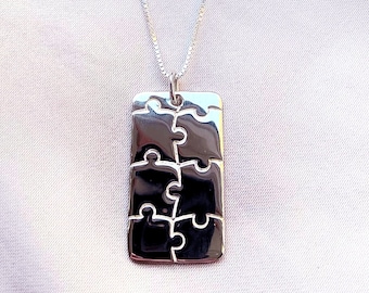 Sterling Silver 925 Jigsaw Puzzle Tag Pendant Necklace