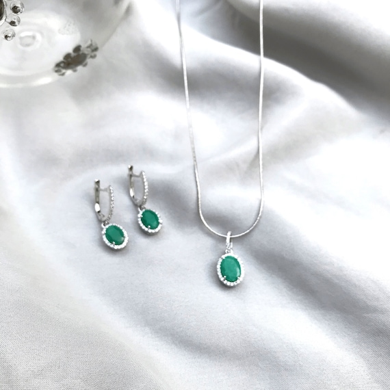 Genuine Natural Emerald Halo Oval Silver Set Pendant and Drop Earrings