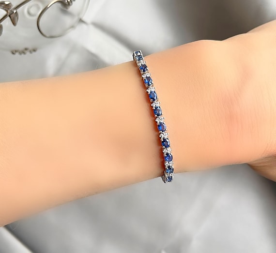 Gem Stone King 925 Sterling Silver Blue Sapphire and White Diamond Tennis  Bracelet Jewelry for Women (2.05 Cttw, Gemstone Birthstone, Fully  Adjustable Up to 9 Inch), 9