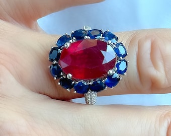 Echte Ruby ovale en blauwe saffier bloemen zilveren cocktailring