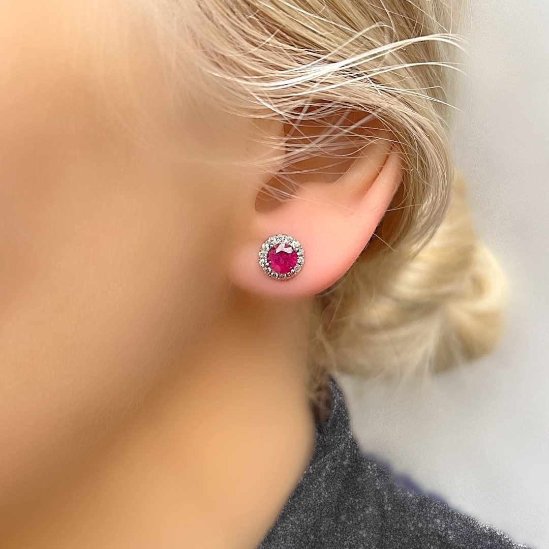Certified Ruby and 1/10 CT. T.W. Diamond Frame Stud Earrings