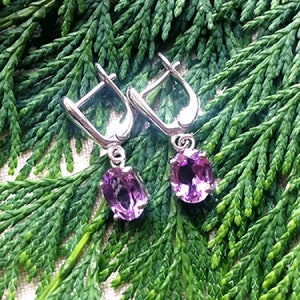 Genuine Amethyst Oval Dangle Drop Silver Earrings