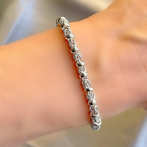 Solid Sterling Silver 925 Byzantine Bead Link Bracelet