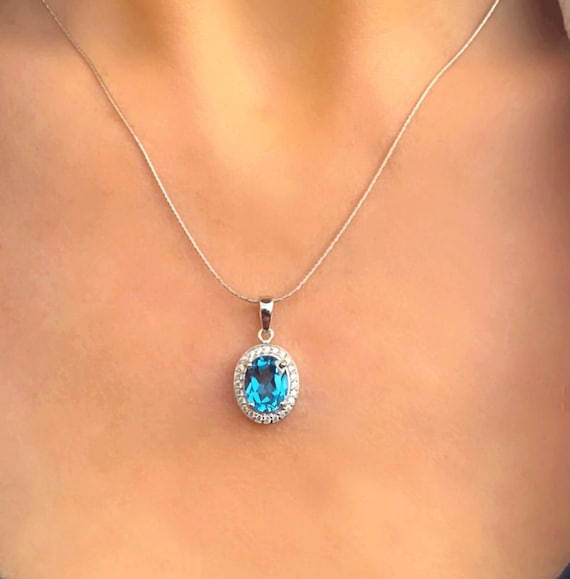 Genuine Swiss Blue Topaz Halo Oval Silver Pendant Necklace - Etsy