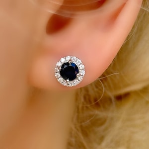 Genuine Sapphire 8 mm Round Halo Silver Stud Earrings