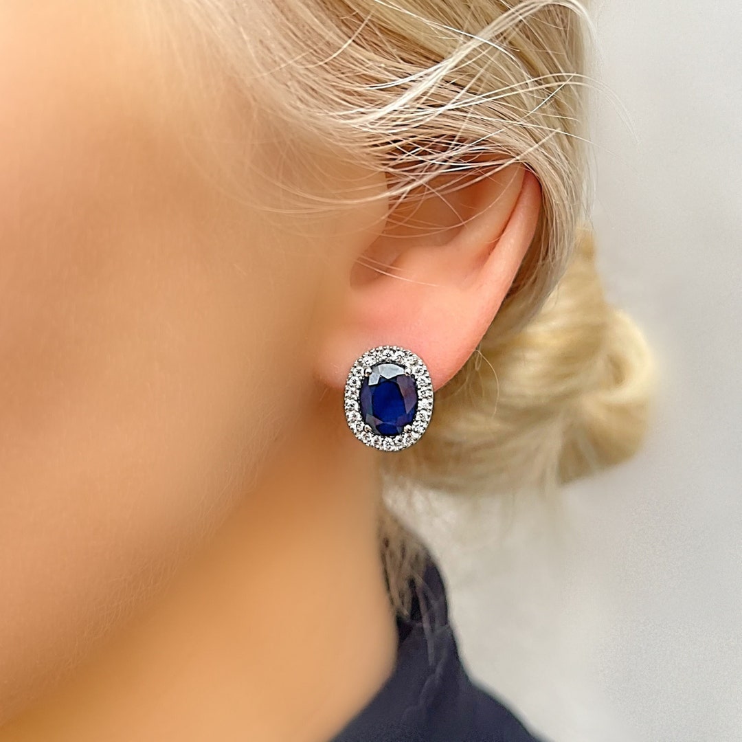 Genuine Large Sapphire Halo Oval Silver Stud Earrings - Etsy