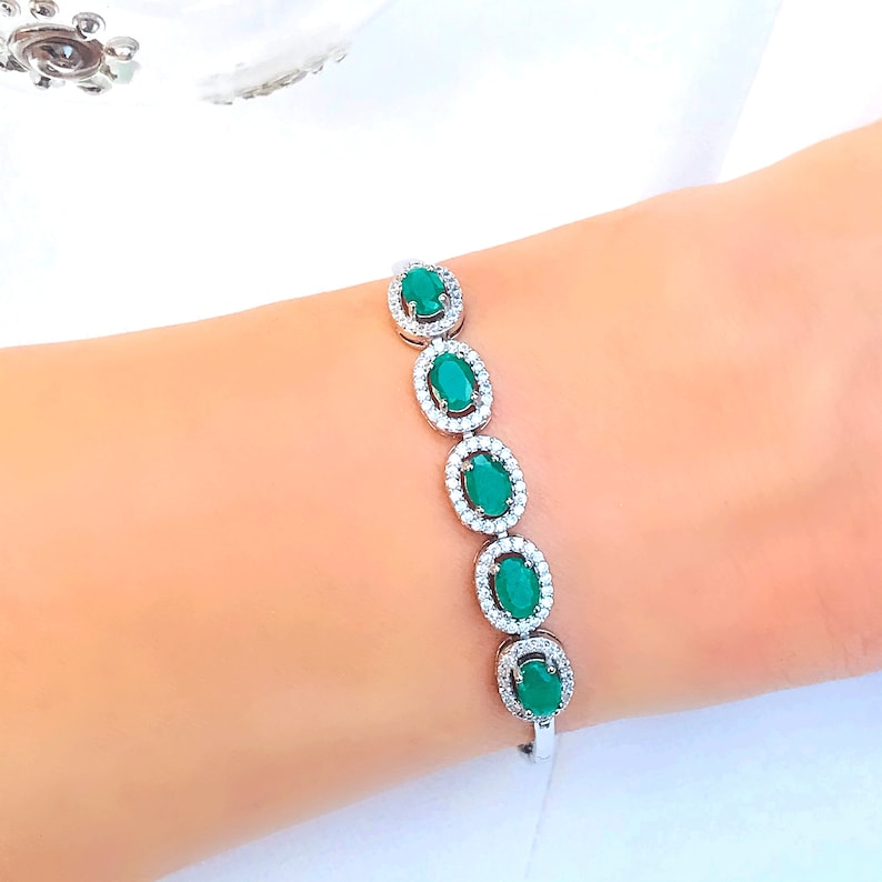Genuine Emerald 5 Stone Oval Halo Silver Bracelet