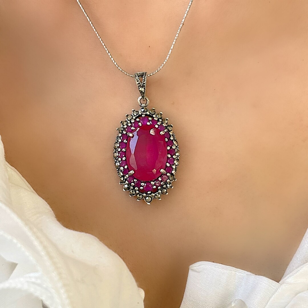 Genuine Large Ruby Art Deco Pendant Silver Necklace - Etsy
