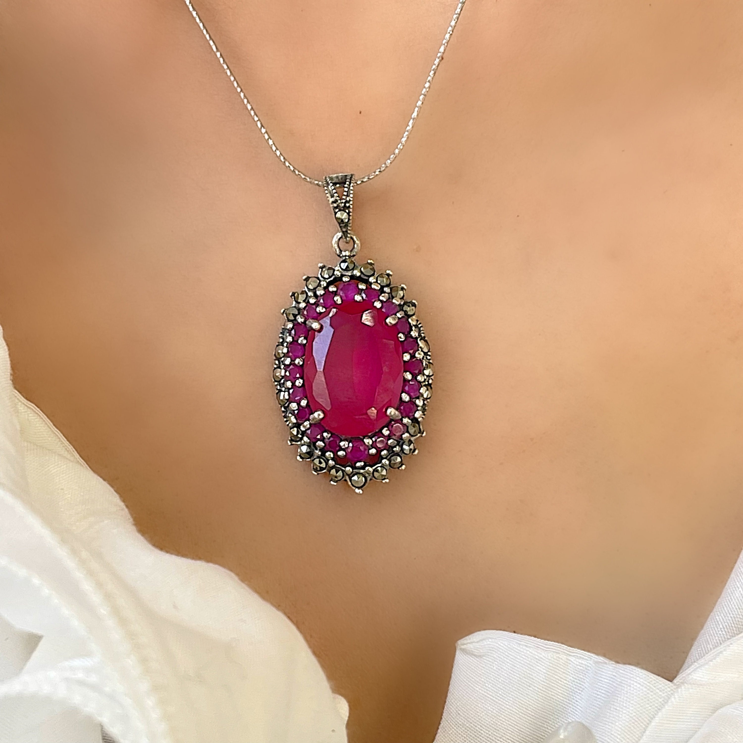 Genuine Large Ruby Art Deco Pendant Silver Necklace - Etsy Genuine Large Ruby Art Deco Pendant Silver Necklace - Etsy