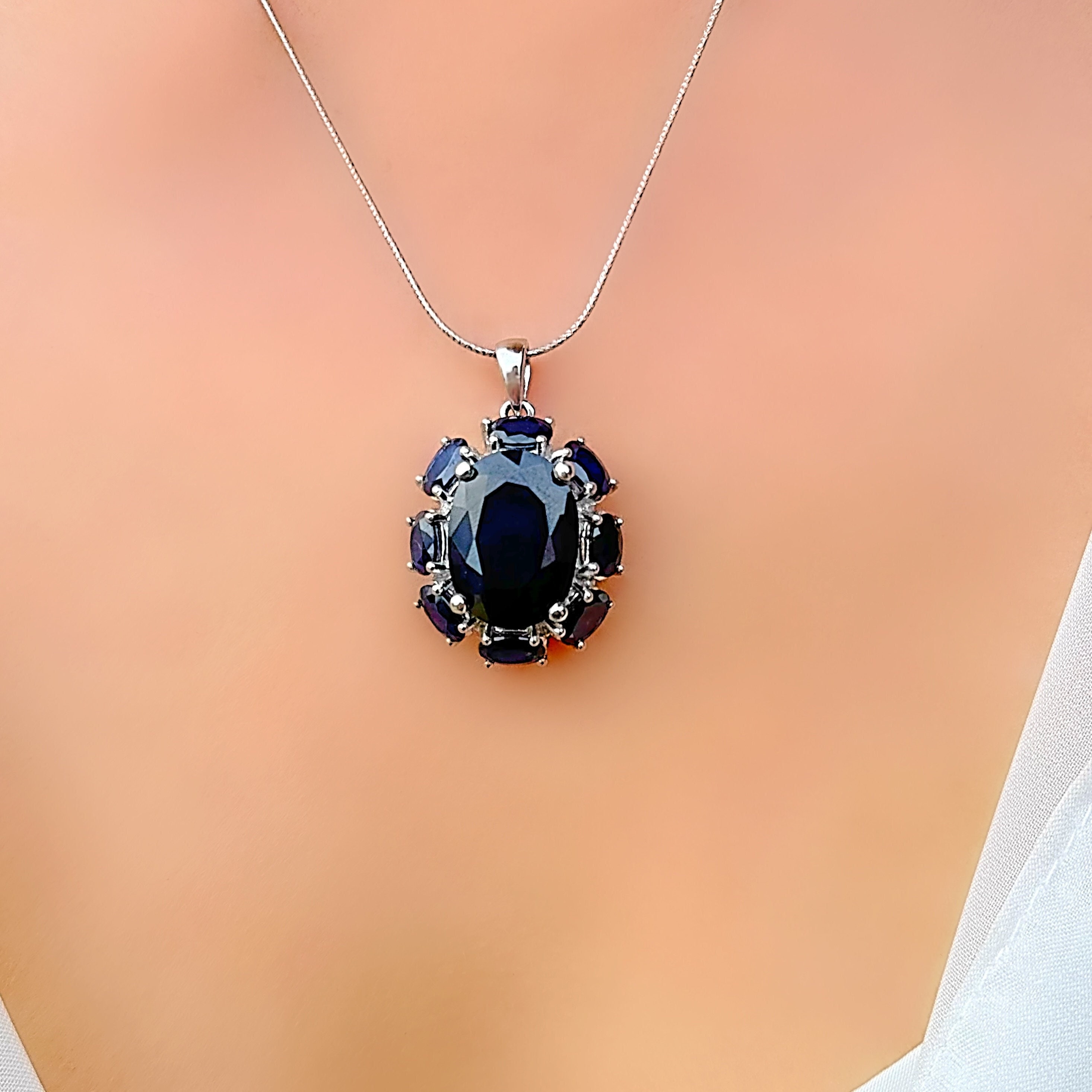 Genuine Sapphire Large Oval Floral Silver Pendant Necklace - Etsy