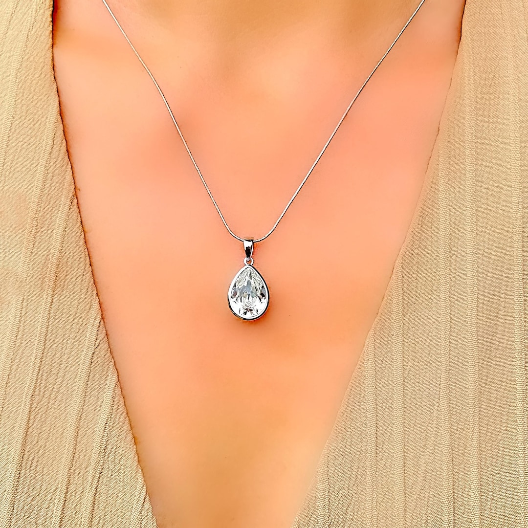 Clear Swarovski Crystal Teardrop Pear Shaped Silver Pendant