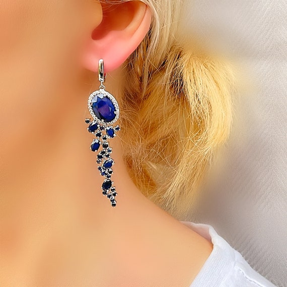Genuine Blue Sapphire Long Cascading Leaf Design Silver Long Drop Dangle Earrings Etsy Canada