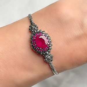 Genuine Natural Ruby Art Deco Silver and Marcasite Bracelet