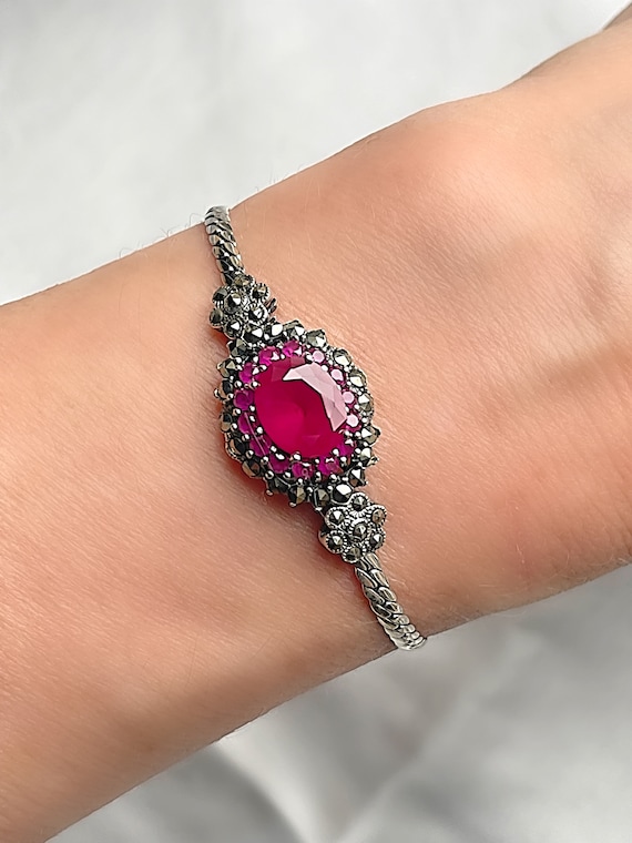 Genuine Natural Ruby Art Deco Silver and Marcasite Bracelet Etsy