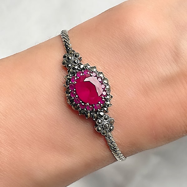 Genuine Natural Ruby Art Deco Silver and Marcasite Bracelet