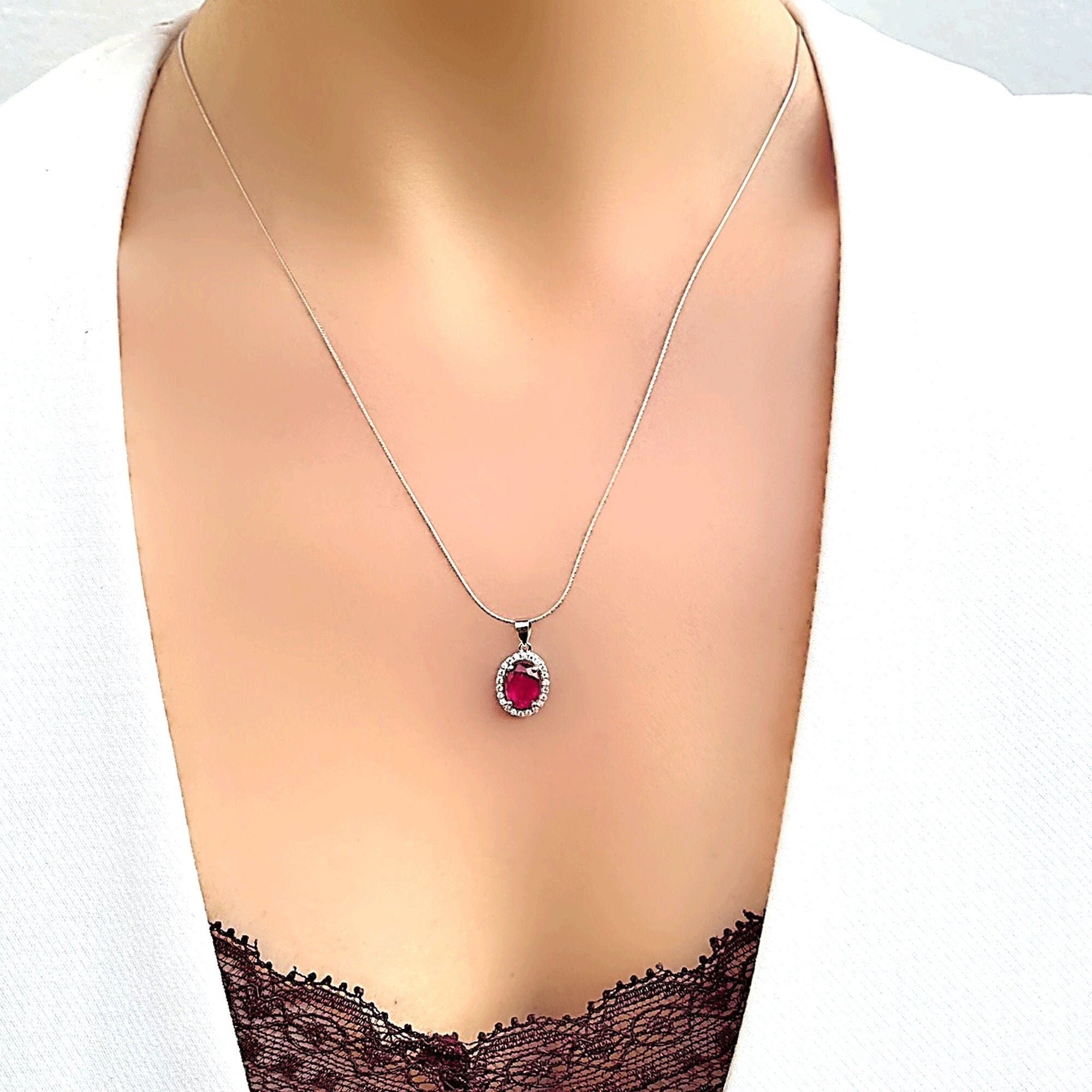 Genuine Ruby Halo Cut Out Oval Silver Pendant Necklace - Etsy 日本