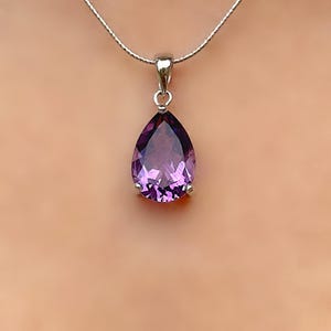 Genuine Amethyst Pear Solitaire Teardrop Silver Pendant Necklace, February Birthstone