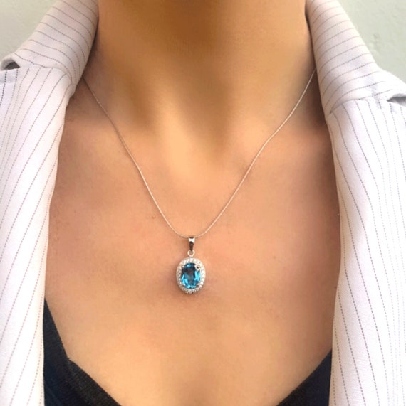 Genuine Swiss Blue Topaz Halo Oval Silver Pendant Necklace - Etsy Portugal