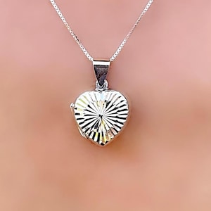 Sterling Silver 925 Prism Like Textured Detailed Heart Locket Keepsake Pendant Necklace