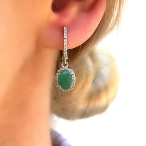 Genuine Natural Emerald Oval Dangle Drop Silver Earrings