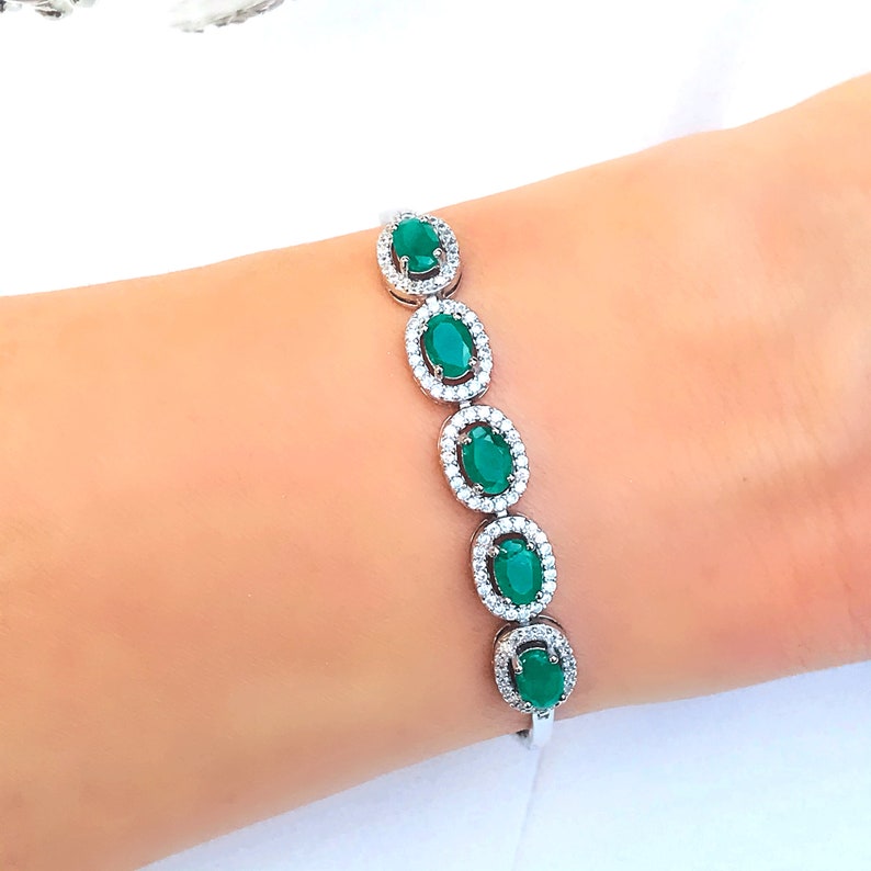Genuine Emerald 5 Stone Oval Halo Silver Bracelet