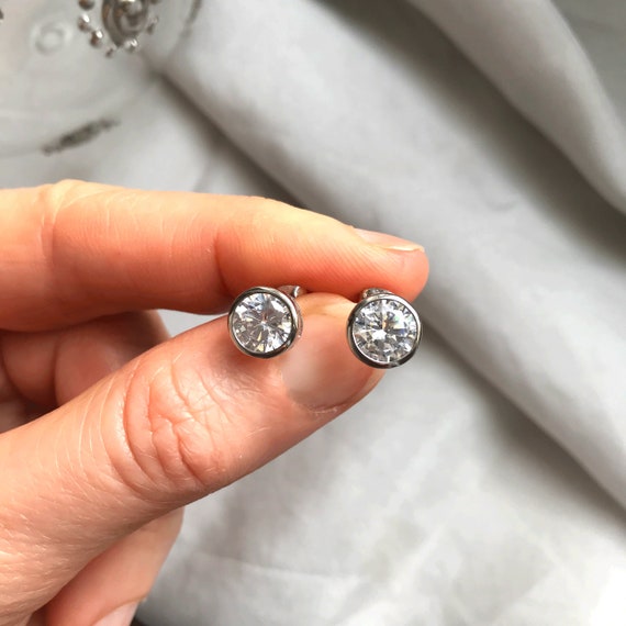 Genuine White Topaz Bezel Set Solitaire 7 Mm Silver Stud Earrings Etsy