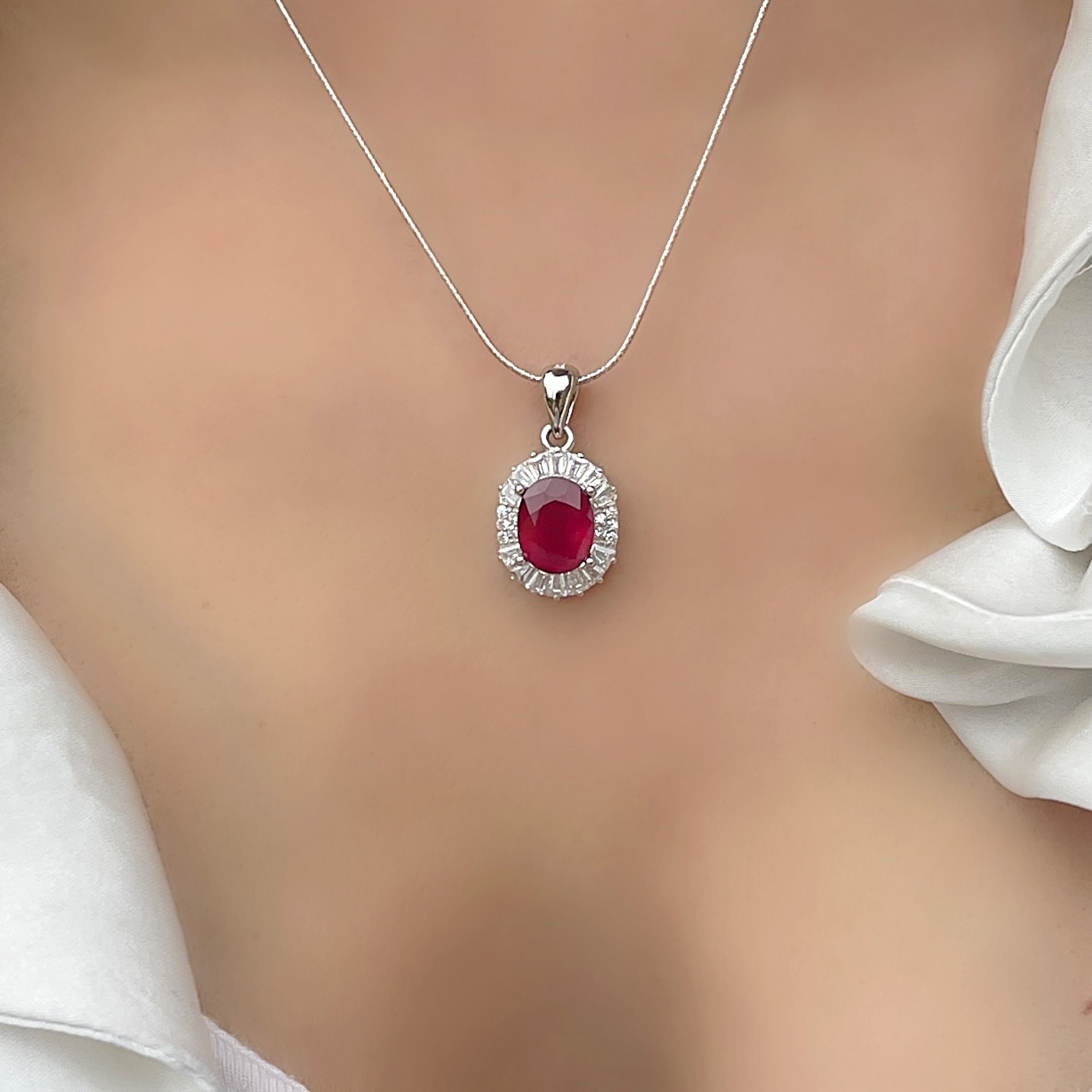 Genuine Natural Ruby and White Topaz Halo Silver Pendant Genuine Natural Ruby and White Topaz Halo Silver Pendant