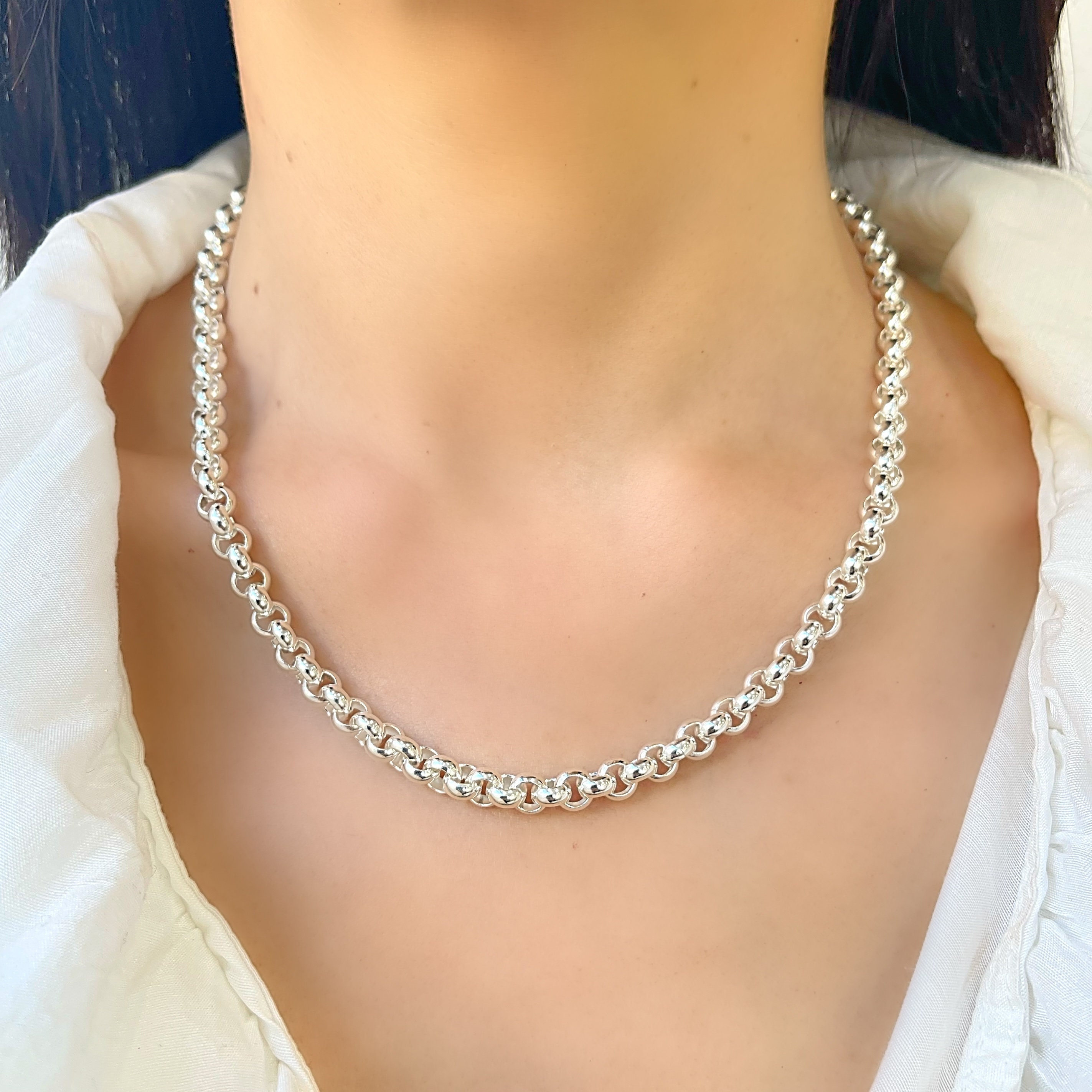Solid Sterling Silver 925 Rolo Belcher 6 mm Link Chain Necklace