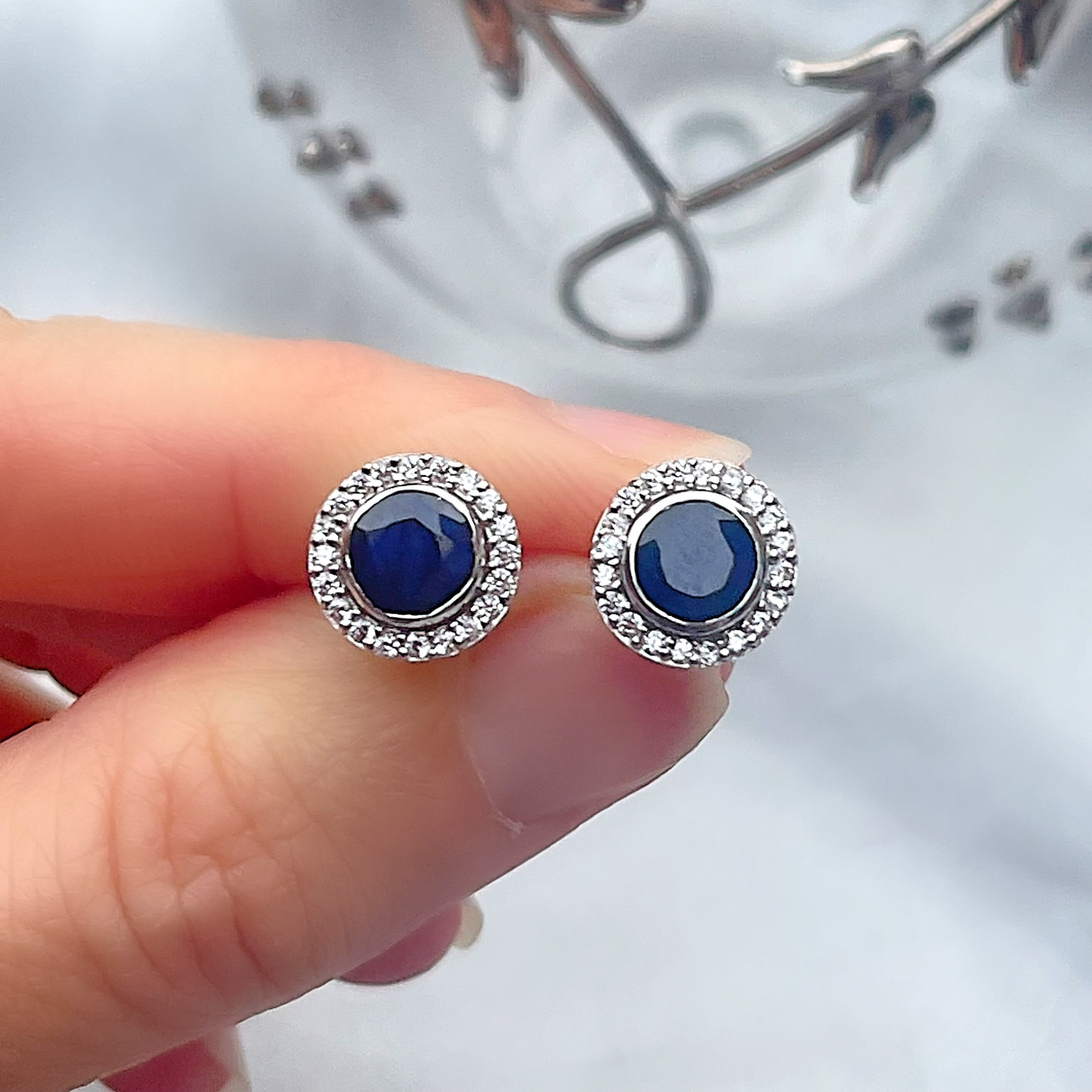 Sterling silver round genuine black sapphire and white topaz halo earrings outlet