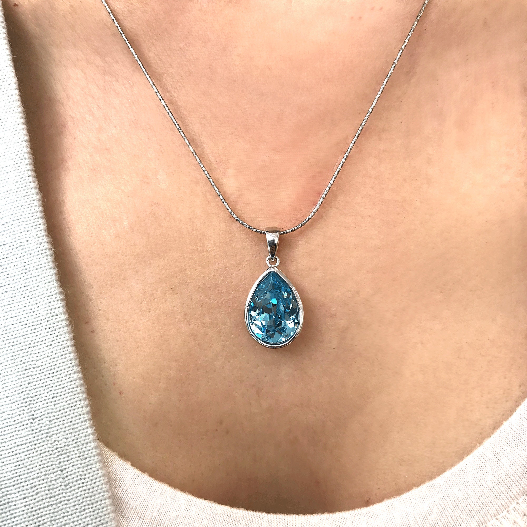Silver Aqua Blue/black Diamond Swarovski Teardrop Pendant