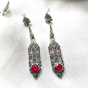 Genuine Ruby & Silver Art Deco Drop Earrings - Etsy