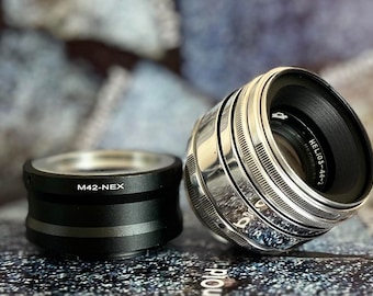 Lens Helios-44-2 58 mm F2, met adapter M42-E (NEX), vintage Sovjet-lens Helios 44 zilver